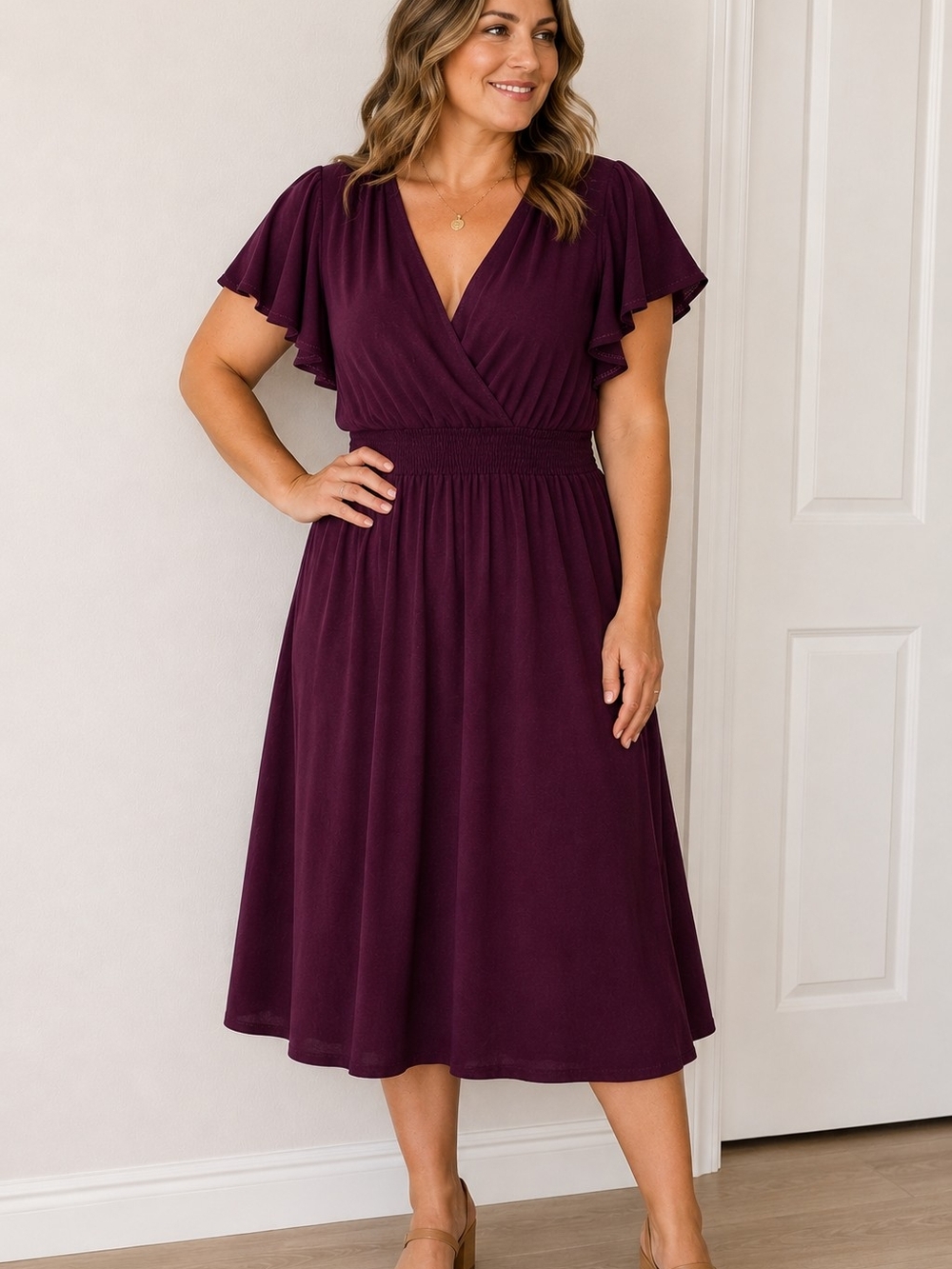 Flutter Sleeve V-Neck Midi Dress in Plum -Large